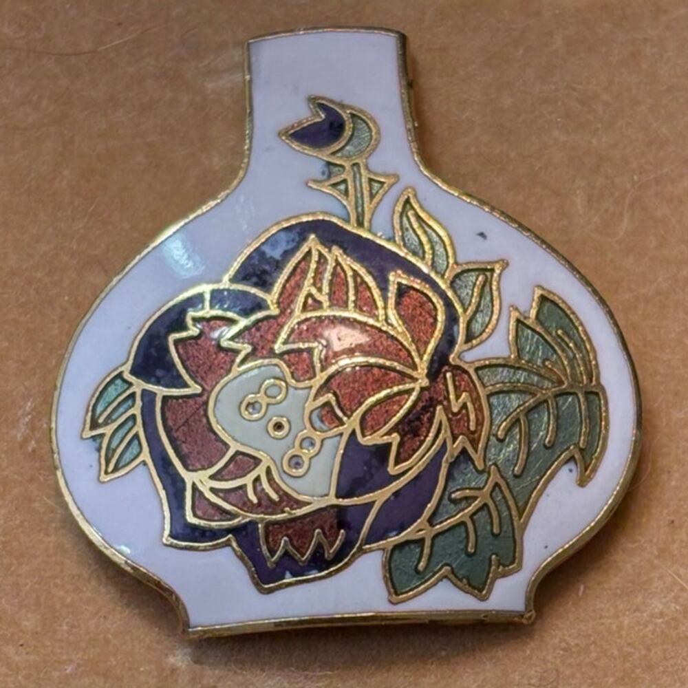 Vintage Genuine Cloisonne Floral Vase Brooch Carded 1980s